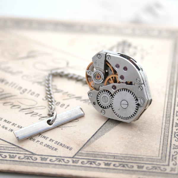 Tie Pin with Chain Industrial Tie Tack for Dapper Man, Watch movement steampunk suit accessory