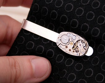 Handcrafted Sterling Silver Steampunk Tie Clip featuring Authentic Swiss Watch Movement - A Truly Unique Groom Gift