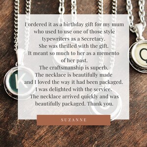 May include: A customer review for a necklace featuring vintage typewriter keys. The review praises the craftsmanship, the beauty of the necklace, and the quick and careful packaging. The review also mentions that the necklace was a birthday gift for the customer's mother, who used to be a secretary and would have used typewriters.