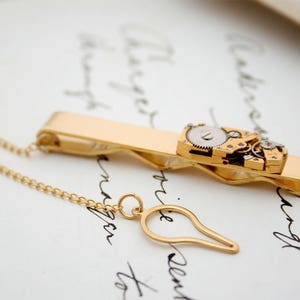 Tie Bar with Chain and Swiss watch movement Tie Clip