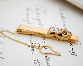 Tie Bar with Chain and Swiss watch movement Tie Clip