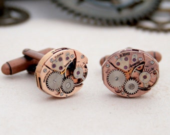 Copper Cufflinks, Copper Anniversary Gift for Husband, Real Steampunk Watch Mechanisms Cufflinks