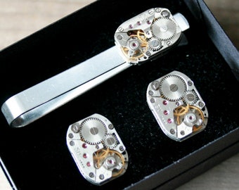 Steampunk Manschettenknöpfe und Krawattenklammer Set: Vintage Uhrwerk Schmuck