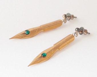 Gold Dangle Earrings made of Vintage Fountain Pen Nibs and Turquoise, Calligraphy Lover Gift