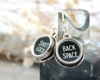 Typewriter key Earrings / Quirky Earrings Back Space Shift Lock / Black Earrings Old typewriter jewellery / Christmas Gifts for blogger /
