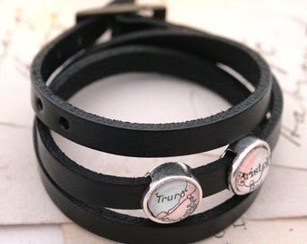 Personalized Leather Wrap Bracelet I Brown Genuine Leather Bracelet with Map Charms Custom Map Mens Bracelet