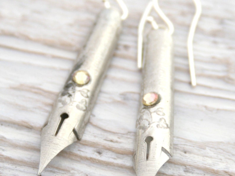 Bohemian Silver Earrings, Pen Nib Nostalgic Jewellery Gift For Writer image 4