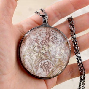 Pressed Baby&#39;s Breath Necklace: Cottagecore Stained Glass Pendant