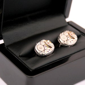 Wedding Cufflinks in Ebony Box Watch movements on Sterling Silver cuff links Wedding Anniversary Gift for Husband