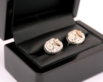 Wedding Cufflinks in Ebony Box Watch movements on Sterling Silver cuff links Wedding Anniversary Gift for Husband