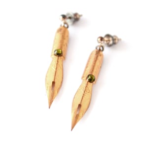 Antique Gold Pen Nib Dangle Earrings with Olivine - Unique Gift for Writers and Book Lovers