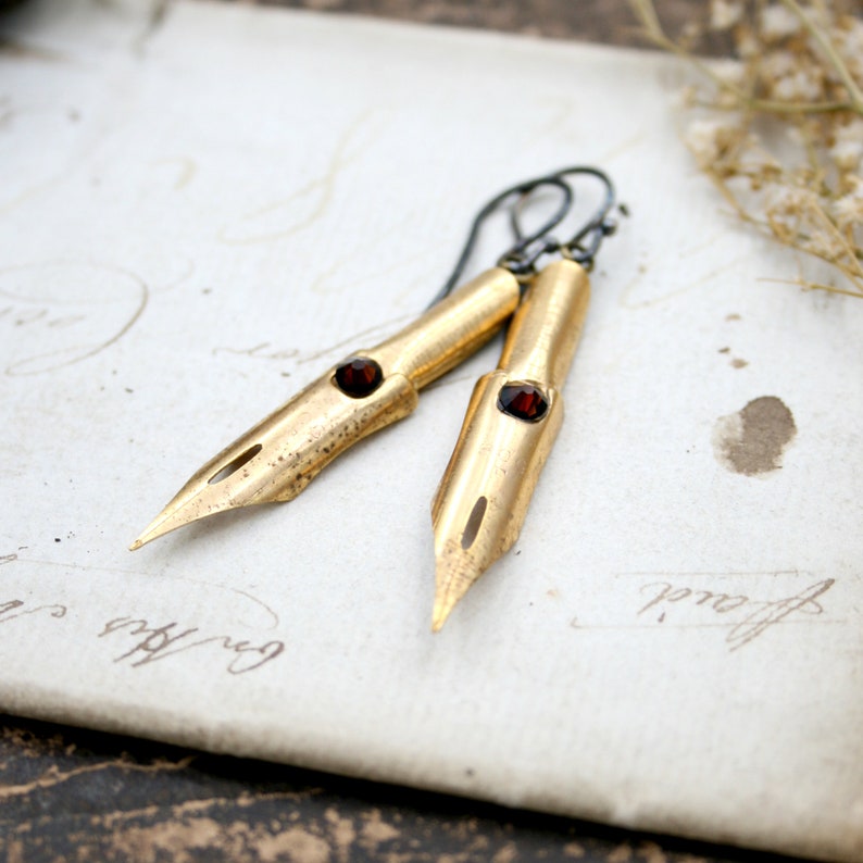 Dark Academia Earrings Made of Fountain Pen Nibs Dangle Gold Etsy UK