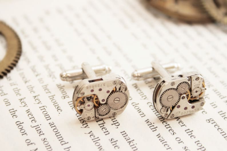 Cufflinks and Tie Tack with Chain, Watch Movement Tie pin and cuff links for Wedding Anniversary image 5