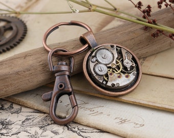Copper Wedding Anniversary Gift for Husband - Handmade Steampunk Keychain with Watch Movement / 7th Anniversary