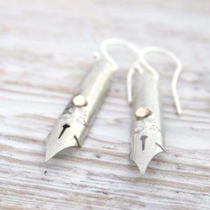 Bohemian Silver Earrings, Pen Nib Nostalgic Jewellery Gift For Writer image 3