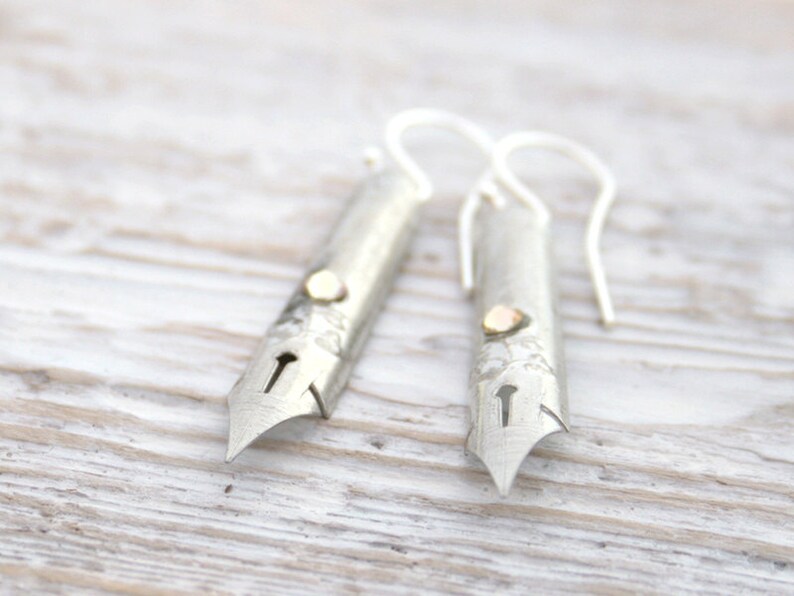 Bohemian Silver Earrings, Pen Nib Nostalgic Jewellery Gift For Writer image 3