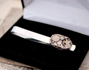 Steampunk Tie Clip Anniversary Gift For Husband, Silver Watch Movement Tie Bar Wedding Gifts for men
