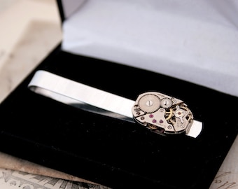 Steampunk Tie Clip Anniversary Gift For Husband, Silver Watch Movement Tie Bar Wedding Gifts for men