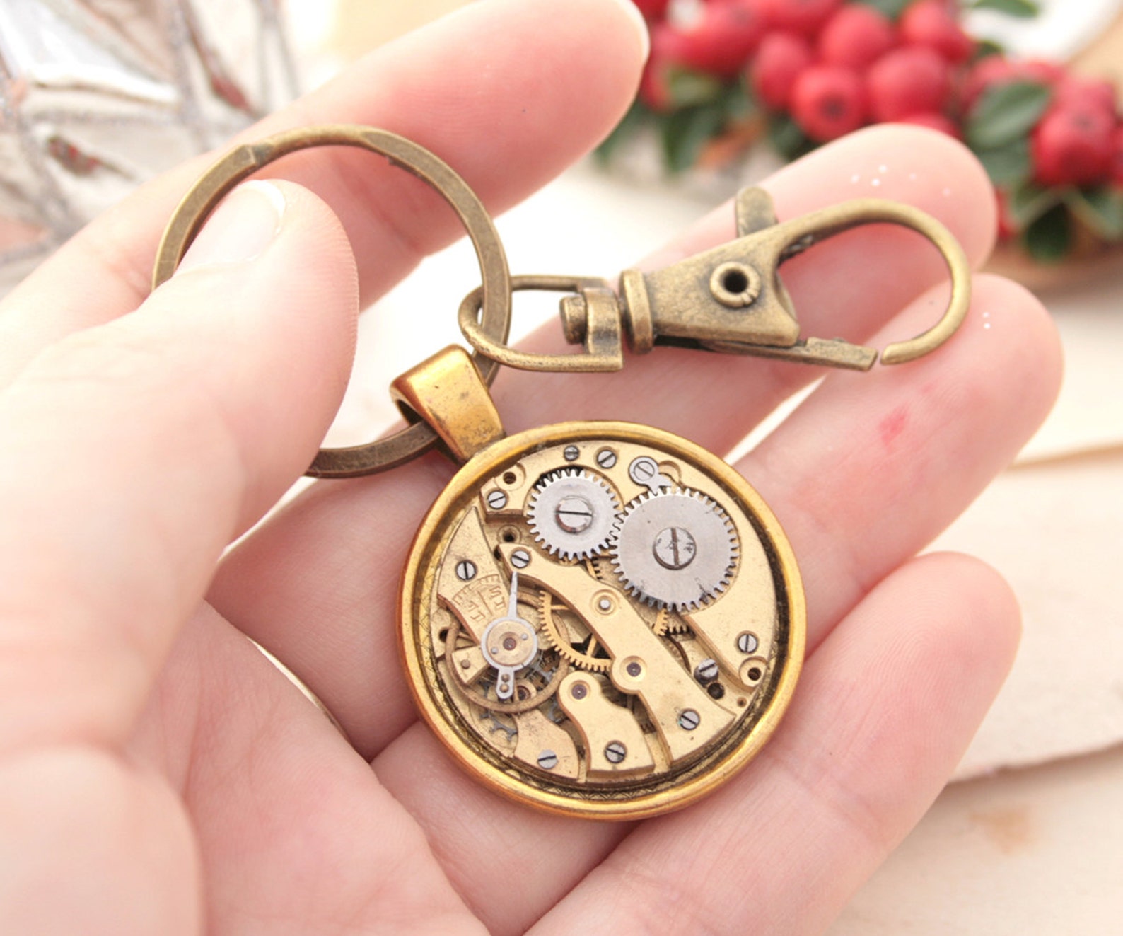 Steampunk Keychain Gold Watchwork Keyring Housewarming Gift Etsy