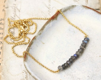 Labradorite Bar Necklace, Dainty Natural Labradorite Necklace, Mothers Day Gift for Mom, Minimalist Gemstone Gold Plated Jewellery