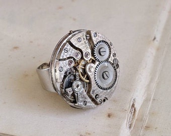 Silber Statement Ring Steampunk Schmuck Ring Uhr Arbeit Cocktail Ring Schmuck Steam Punk Statement Schmuck Geburtstag Geschenke für Schwester