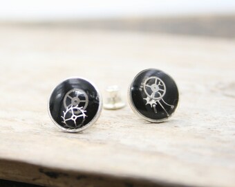 Black Stud Earrings for Men in Steampunk Style, Sterling Silver Post Earrings with Watch Parts, Mens Jewellery
