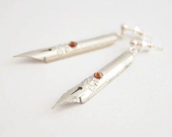 Fountain Pen Nib Silver Dangle Earrings with Brown crystals, Gift for Graduate