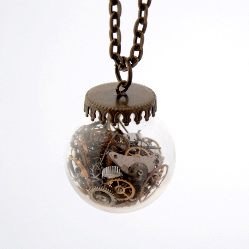 Steampunk Terrarium Necklace, Glass Ball Statement Necklace with Moveable Watch Parts image 4