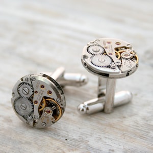 Cool Round Cufflinks, Christmas Gift for a Fiance, Unique Steampunk Cuff links made of Authentic Swiss Watch Movements