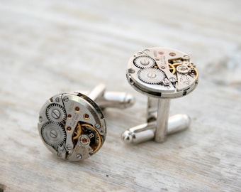 Cool Round Cufflinks, Christmas Gift for a Fiance, Unique Steampunk Cuff links made of Authentic Swiss Watch Movements