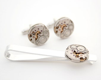Tie clip and Cufflinks with round mechanical watch movements