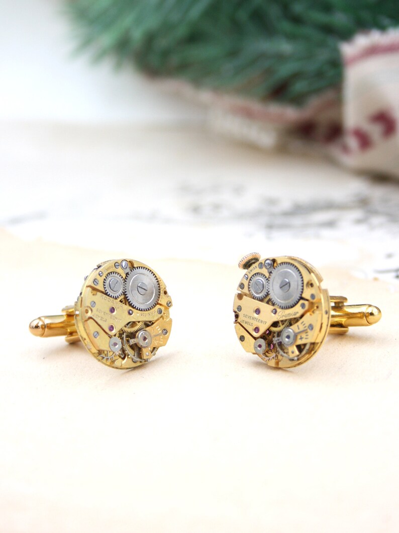 Cufflinks, Steampunk Golden tone Watch Parts mens jewellery, Wedding Anniversary Gift for Husband image 4