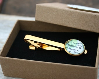 Tie Bar Personalized with Custom Map, Tie Clip with Custom Piece of the World Map, Anniversary Gift for Husband
