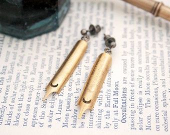 Quirky Earrings made of Pen Nibs, Antique gold coated Dip Pen Drop Earrings for Calligrapher