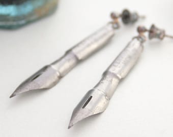 Pen Nib Long Dangle Earrings for Calligraphy Lover or Book Writer