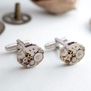 Steampunk Cufflinks for Men – Vintage Watch Movement Jewelry – Groom Gift – Anniversary or Wedding Gift for Him – Real Ruby Accents