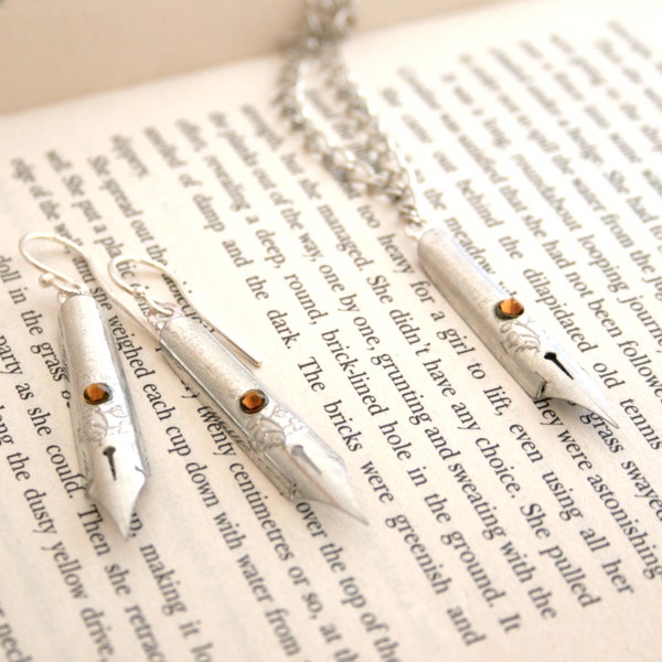 Topaz Jewelry Set Pen Nib Necklace and Earrings, November Birthstone Jewellery, Birthday Gift for a Writer