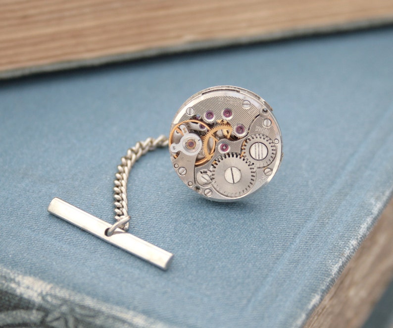 Tie Tack with Chain, charming Steampunk Tie Pin for a Wedding or formal wear image 5