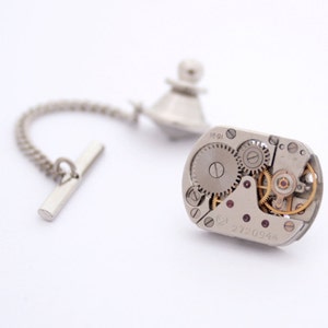 Cufflinks and Tie Tack with Chain, Watch Movement Tie pin and cuff links for Wedding Anniversary image 4