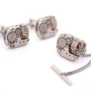 Cufflinks and Tie Tack with Chain, Watch Movement Tie pin and cuff links for Wedding Anniversary image 1