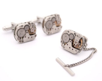 Cufflinks and Tie Tack with Chain, Watch Movement Tie pin and cuff links for Wedding Anniversary