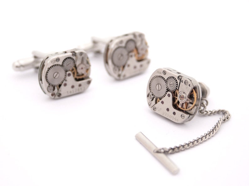 Cufflinks and Tie Tack with Chain, Watch Movement Tie pin and cuff links for Wedding Anniversary image 1