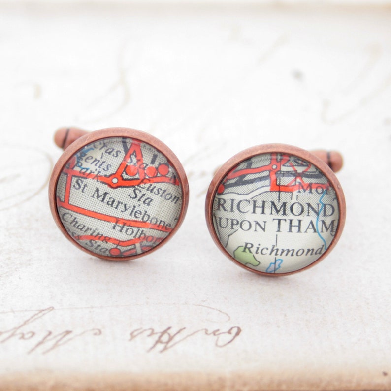 Copper Cufflinks, Custom Map Cuff links, Personalized Copper Wedding 7th Anniversary Gift for Husband image 2