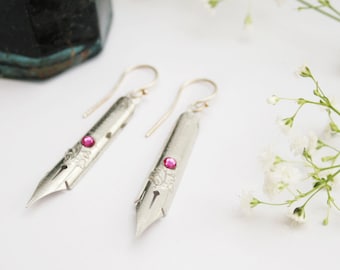 Pen Nib Earrings Jewellery Holiday gifts for Poet Nib Silver Earrings Fuchsia Quirky Earrings for a Blogger