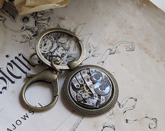 Rustic Bronze Keychain with Old Watch Movement - Steampunk Style - Thoughtful Wedding Anniversary Gift for Husband, 8th Anniversary