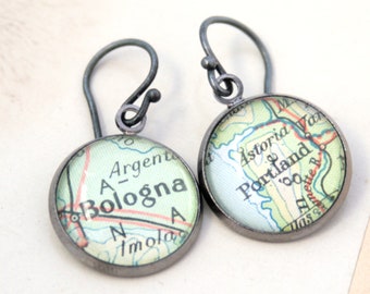 Custom Earrings, with map lovely Black Drop Personalized Earrings