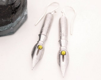 Antique Pen Nib Dangle Earrings Silver with Olivine Crystals Gift for a young woman