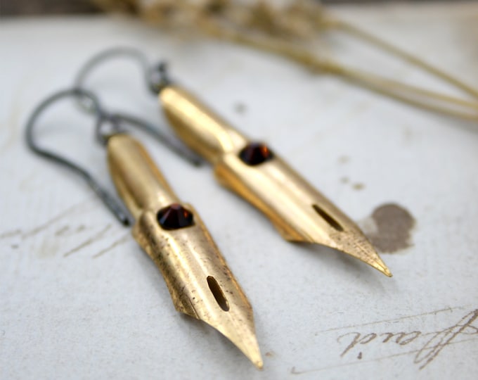 Dark Academia Pen Nib Earrings: Gold Steel Dangle Earrings with Garnet
