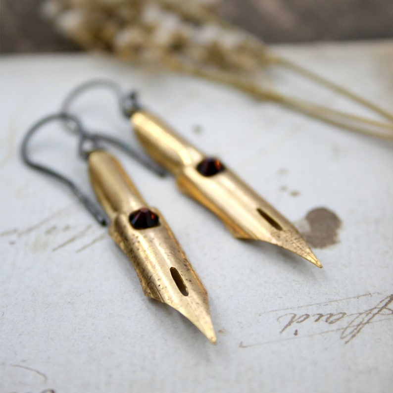 Dark Academia Earrings Made of Fountain Pen Nibs Dangle Gold Etsy UK
