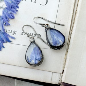 Bluebell earrings, real pressed flowers dangling earrings. Nostalgic gift for a woman in cottagecore style